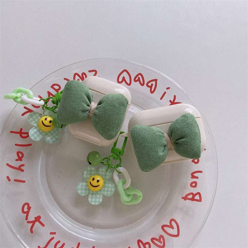 Big Green Bow 'Smiley Flower Keychain' Strap Premium AirPods Pro Case Shock Proof Cover