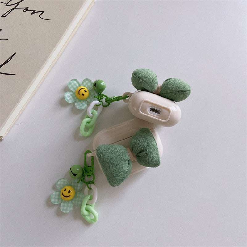 Big Green Bow 'Smiley Flower Keychain' Strap Premium AirPods Pro Case Shock Proof Cover